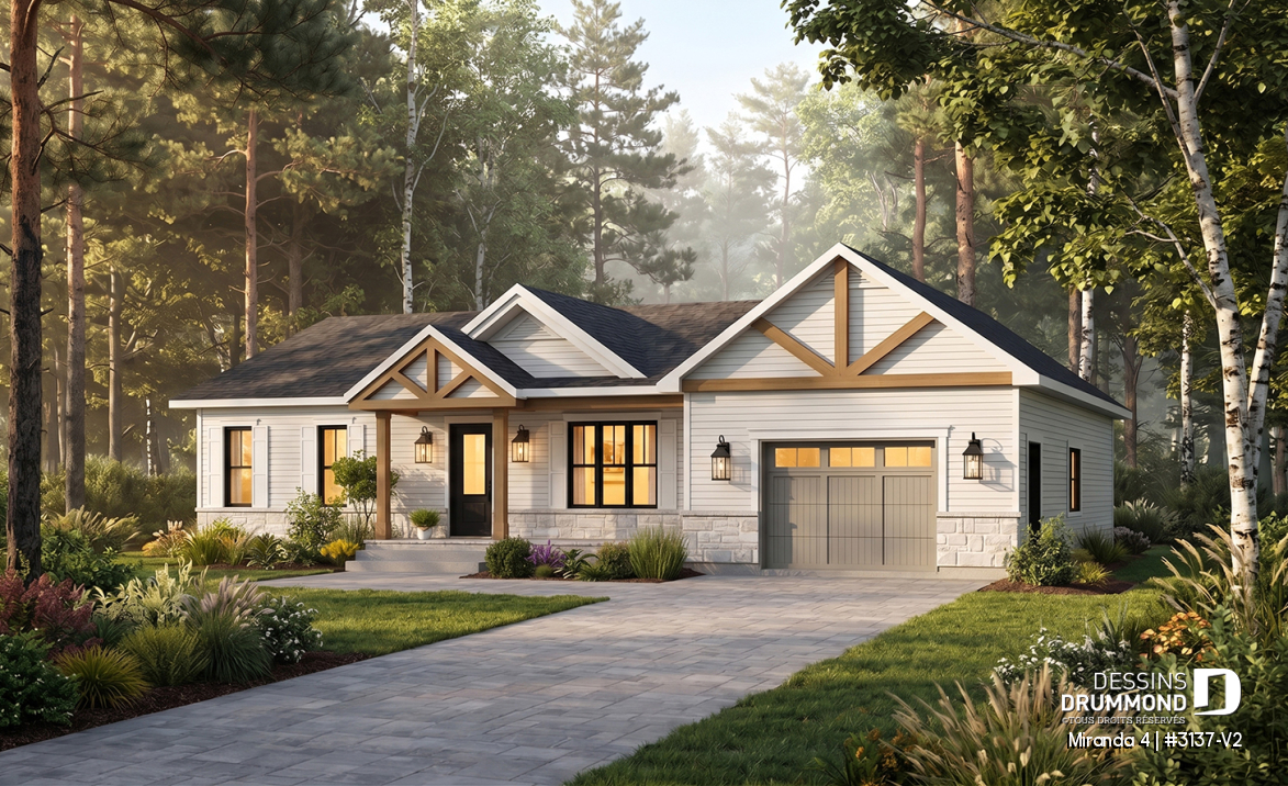 Vue avant - MODÈLE DE BASE - Plan de maison plain-pied farmhouse compact avec garage, idéal pour premiers acheteurs et petits budgets - Miranda 4