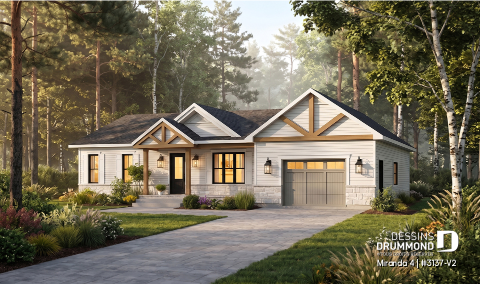 Vue avant - MODÈLE DE BASE - Plan de maison plain-pied farmhouse compact avec garage, idéal pour premiers acheteurs et petits budgets - Miranda 4