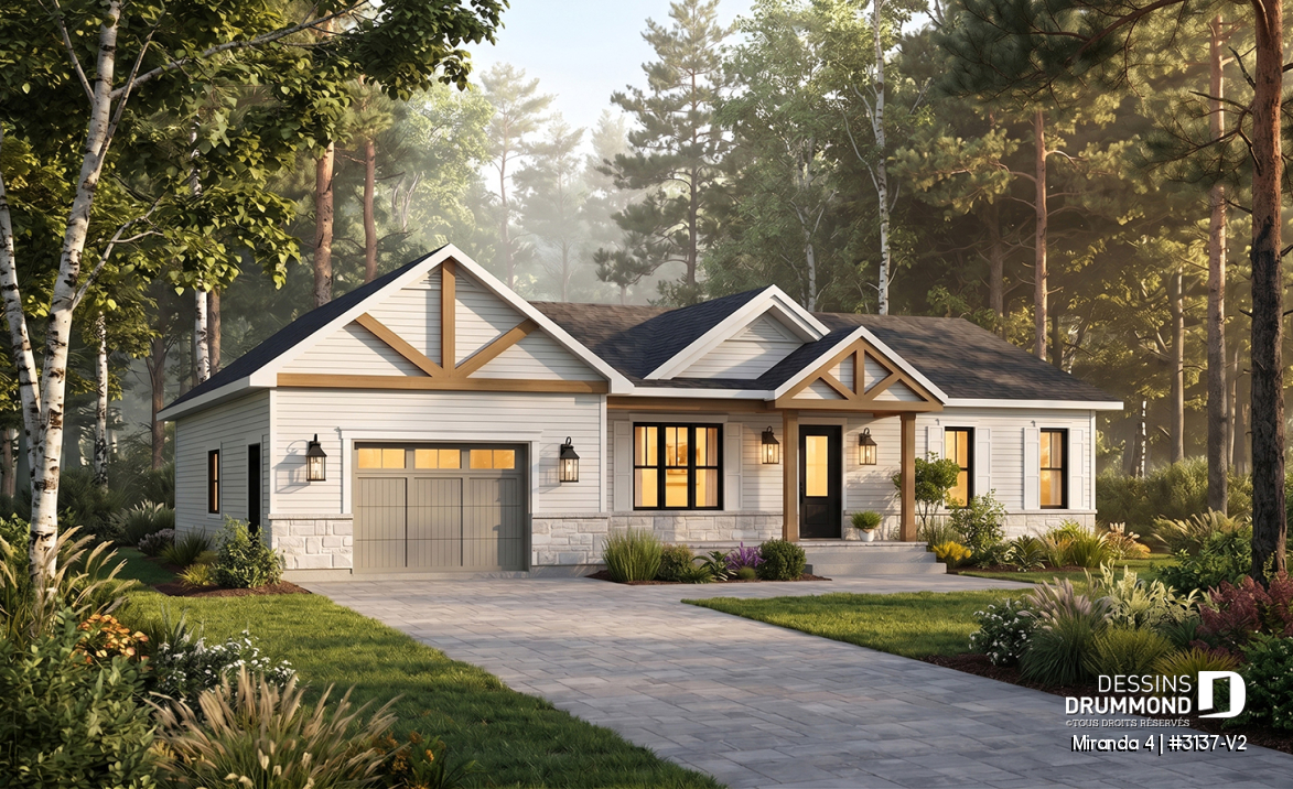Vue avant - MODÈLE DE BASE - Plan de maison plain-pied farmhouse compact avec garage, idéal pour premiers acheteurs et petits budgets - Miranda 4