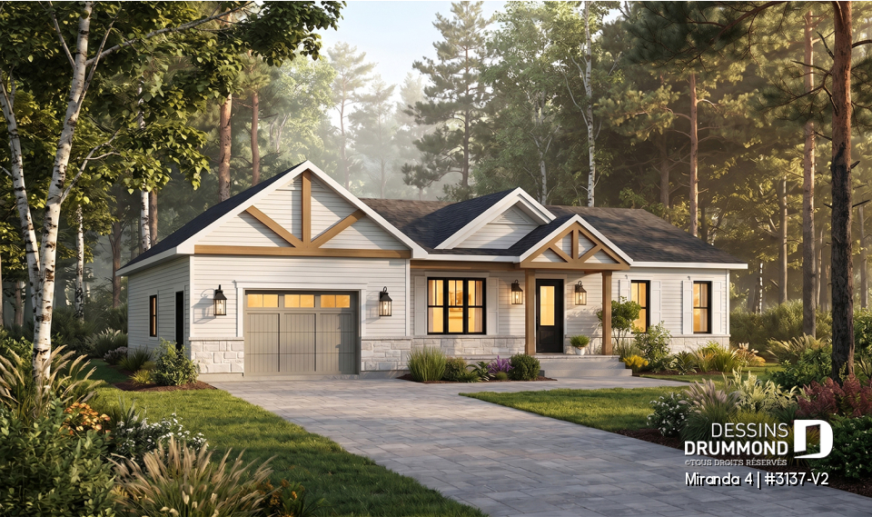 Vue avant - MODÈLE DE BASE - Plan de maison plain-pied farmhouse compact avec garage, idéal pour premiers acheteurs et petits budgets - Miranda 4