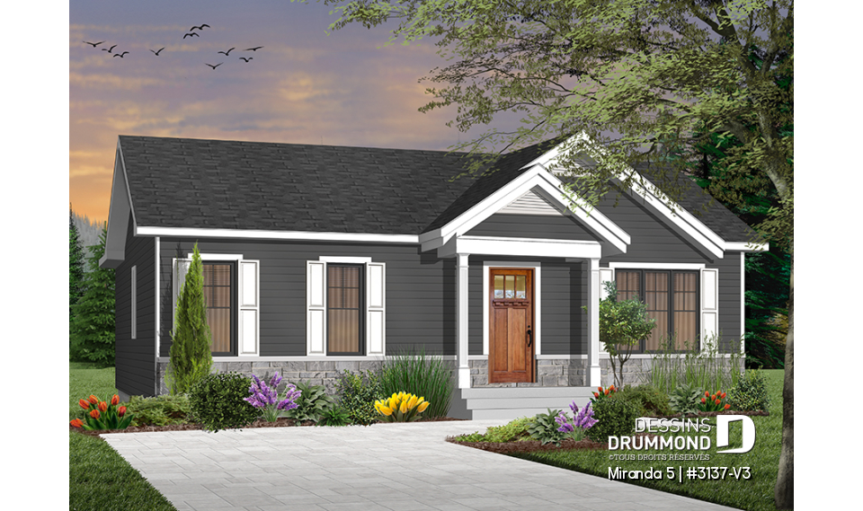 Version couleur no. 6 - Vue avant - Modèle de plain-pied économique avec 3 chambres au rez-de-chaussée, possibilités de 2+ chambres au sous-sol - Miranda 5