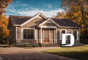 Vue avant - MODÈLE DE BASE - Plan plain-pied économique, style champêtre rustique, 2 chambres, espace ouvert, grand îlot cuisine - Miranda