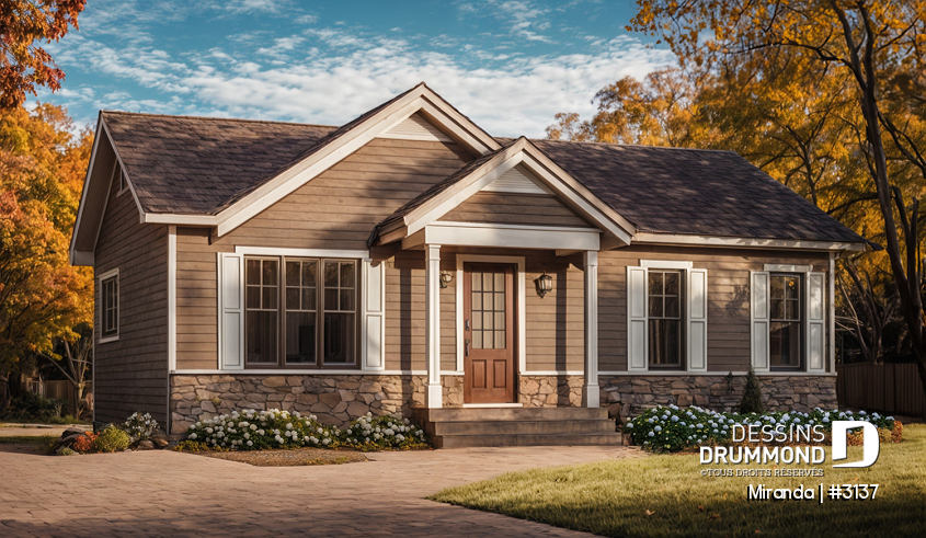Vue avant - MODÈLE DE BASE - Plan plain-pied économique, style champêtre rustique, 2 chambres, espace ouvert, grand îlot cuisine - Miranda