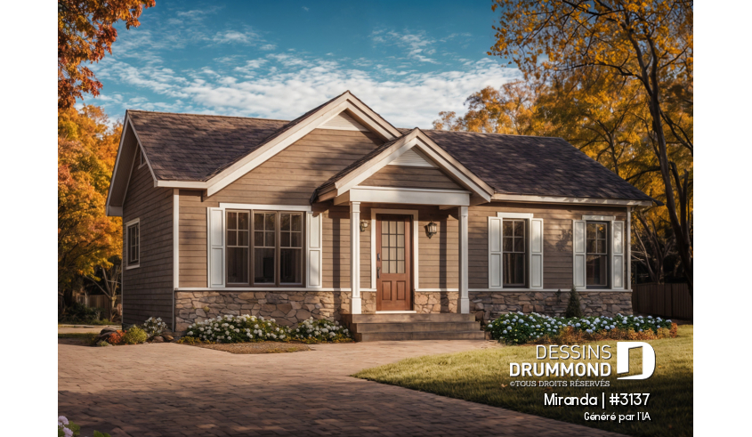Vue avant - MODÈLE DE BASE - Plan plain-pied économique, style champêtre rustique, 2 chambres, espace ouvert, grand îlot cuisine - Miranda