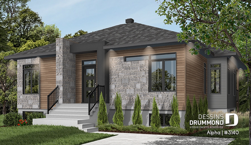 Vue avant - MODÈLE DE BASE - Plan de petite maison moderne mid-century, 2 chambres, buanderie au rez-de-ch, vestiaire, belle cuisine - Alpha