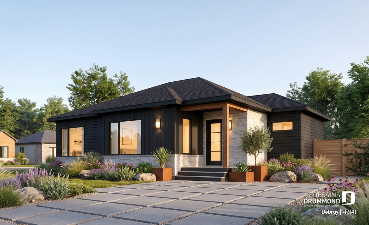 Vue avant - MODÈLE DE BASE - Plan de maison contemporaine 2 chambres avec secteur familial à l'arrière, sous-sol à aménager - Debray