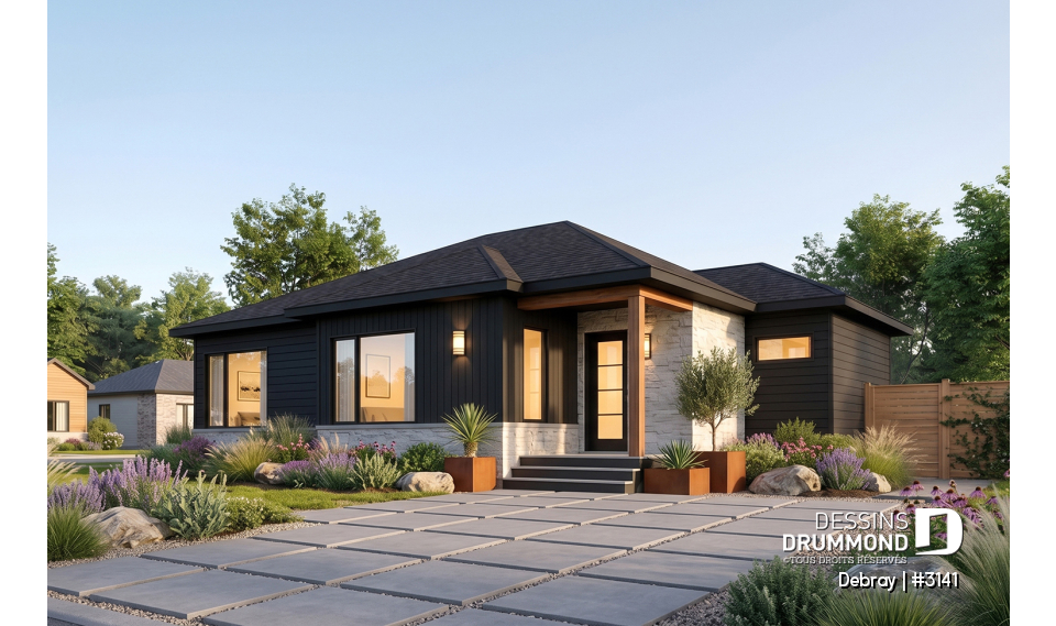Vue avant - MODÈLE DE BASE - Plan de maison contemporaine 2 chambres avec secteur familial à l'arrière, sous-sol à aménager - Debray