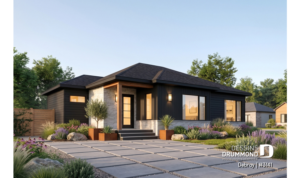 Vue avant - MODÈLE DE BASE - Plan de maison contemporaine 2 chambres avec secteur familial à l'arrière, sous-sol à aménager - Debray