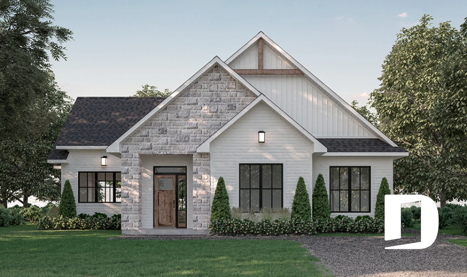 Alternative - Modèle plain-pied classique et lumineux avec foyer, 2 à 5 chambres, plafonds cathédrales et suite des parents - Hubert