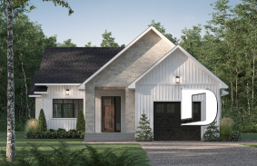 Vue avant - MODÈLE DE BASE - Plan de plain-pied classique et lumineux avec foyer, terrasse abritée et 2 à 5 chambres polyvalentes. - Hubert 2