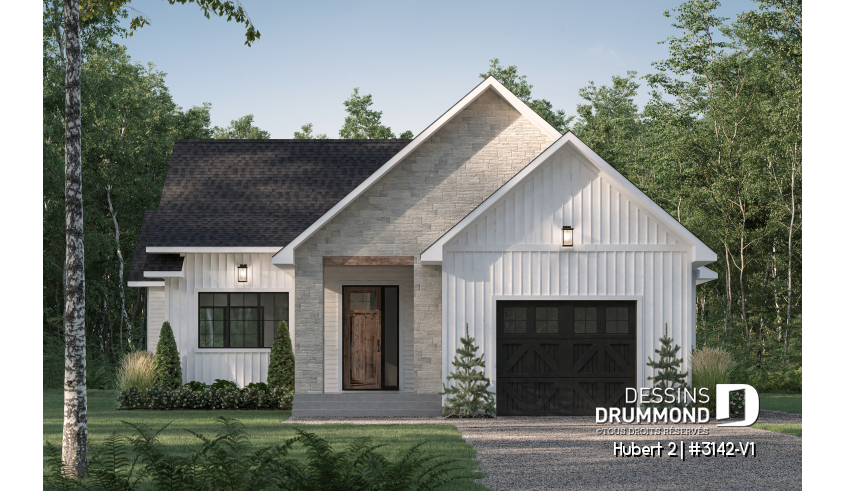 Vue avant - MODÈLE DE BASE - Plan de plain-pied classique et lumineux avec foyer, terrasse abritée et 2 à 5 chambres polyvalentes. - Hubert 2