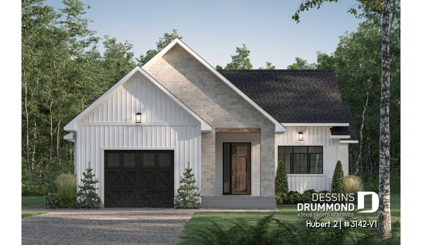 Vue avant - MODÈLE DE BASE - Plan de plain-pied classique et lumineux avec foyer, terrasse abritée et 2 à 5 chambres polyvalentes. - Hubert 2