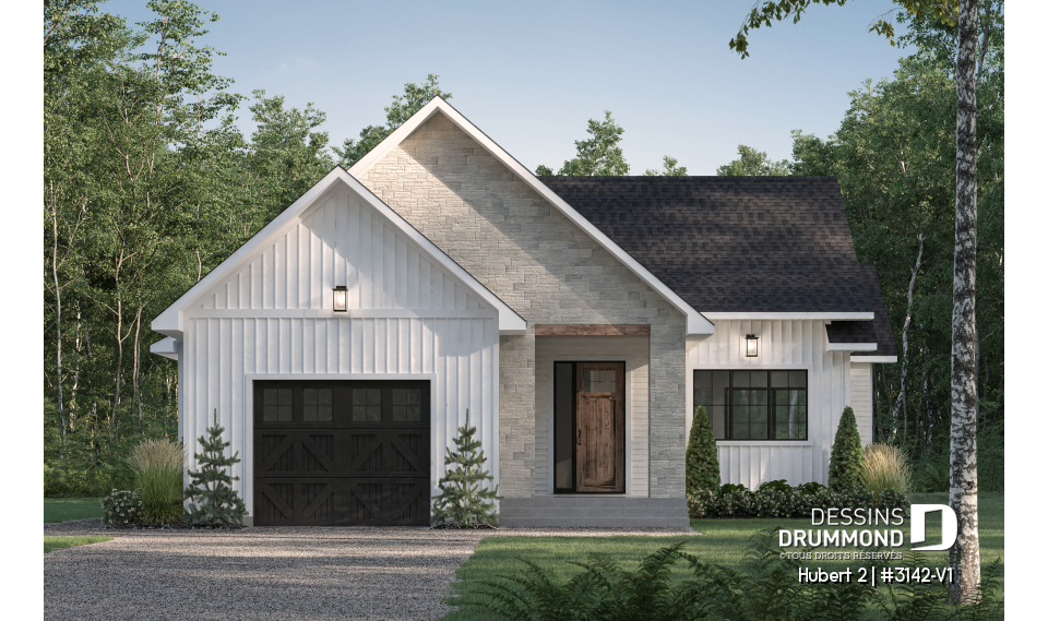 Vue avant - MODÈLE DE BASE - Plan de plain-pied classique et lumineux avec foyer, terrasse abritée et 2 à 5 chambres polyvalentes. - Hubert 2