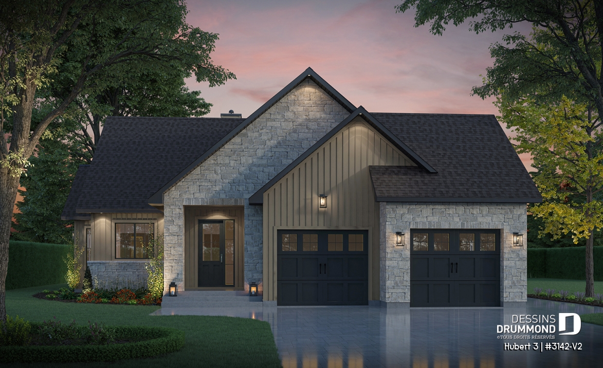 Vue avant - MODÈLE DE BASE - Modèle plain-pied avec garage double, grande suite principale au RDC, foyer au bois STUV et bureau - Hubert 3