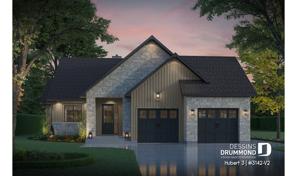 Vue avant - MODÈLE DE BASE - Modèle plain-pied avec garage double, grande suite principale au RDC, foyer au bois STUV et bureau - Hubert 3