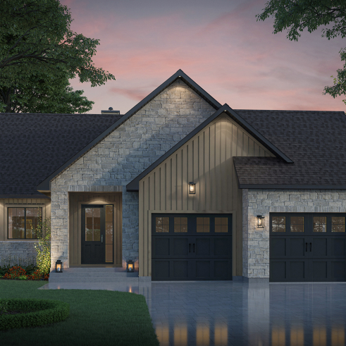 Vue avant - MODÈLE DE BASE - Modèle plain-pied avec garage double, grande suite principale au RDC, foyer au bois STUV et bureau - Hubert 3