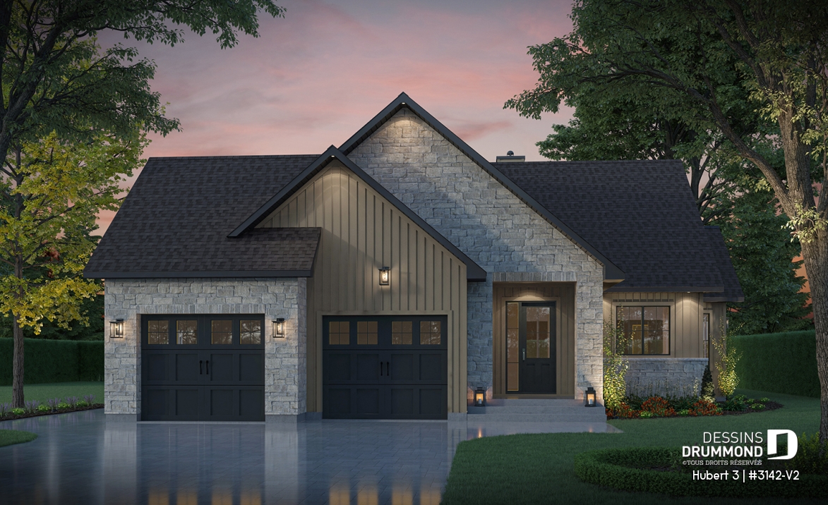 Vue avant - MODÈLE DE BASE - Modèle plain-pied avec garage double, grande suite principale au RDC, foyer au bois STUV et bureau - Hubert 3