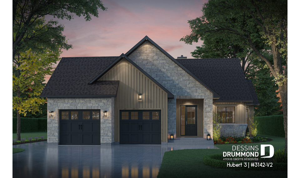 Vue avant - MODÈLE DE BASE - Modèle plain-pied avec garage double, grande suite principale au RDC, foyer au bois STUV et bureau - Hubert 3