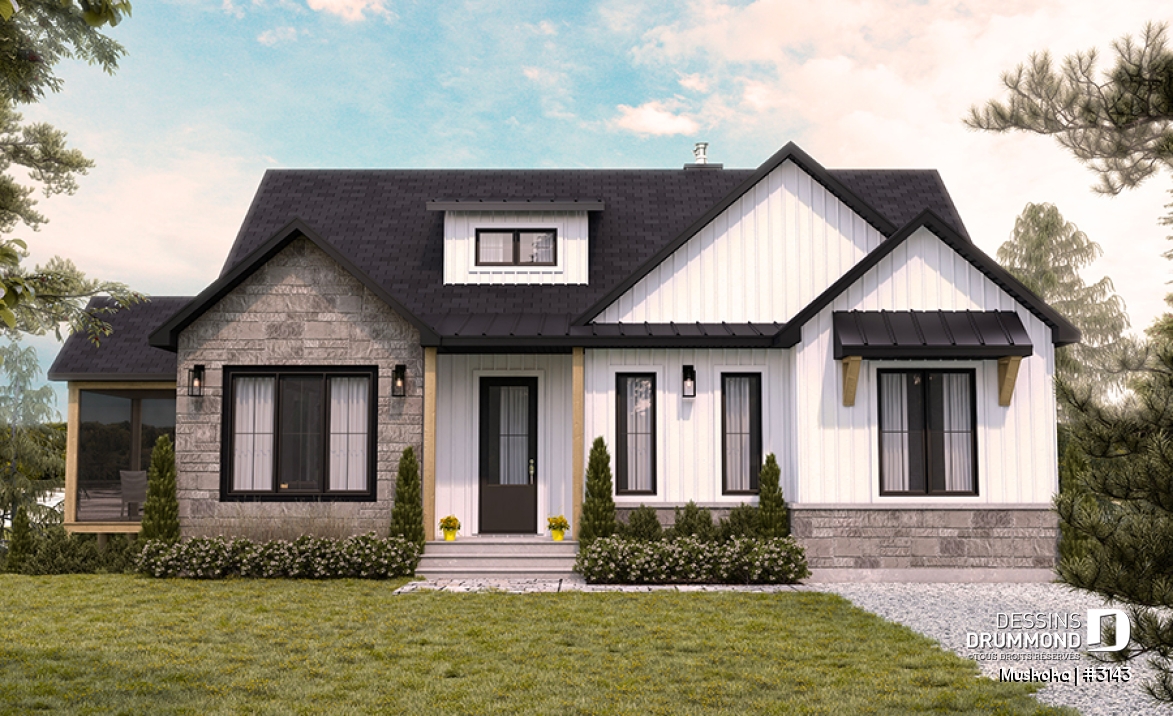 Vue avant - MODÈLE DE BASE - Plain-pied Farmhouse 1 à 4 chambres, bureau, cuisine avec garde-manger, finition sous-sol optionnelle ($) - Muskoka