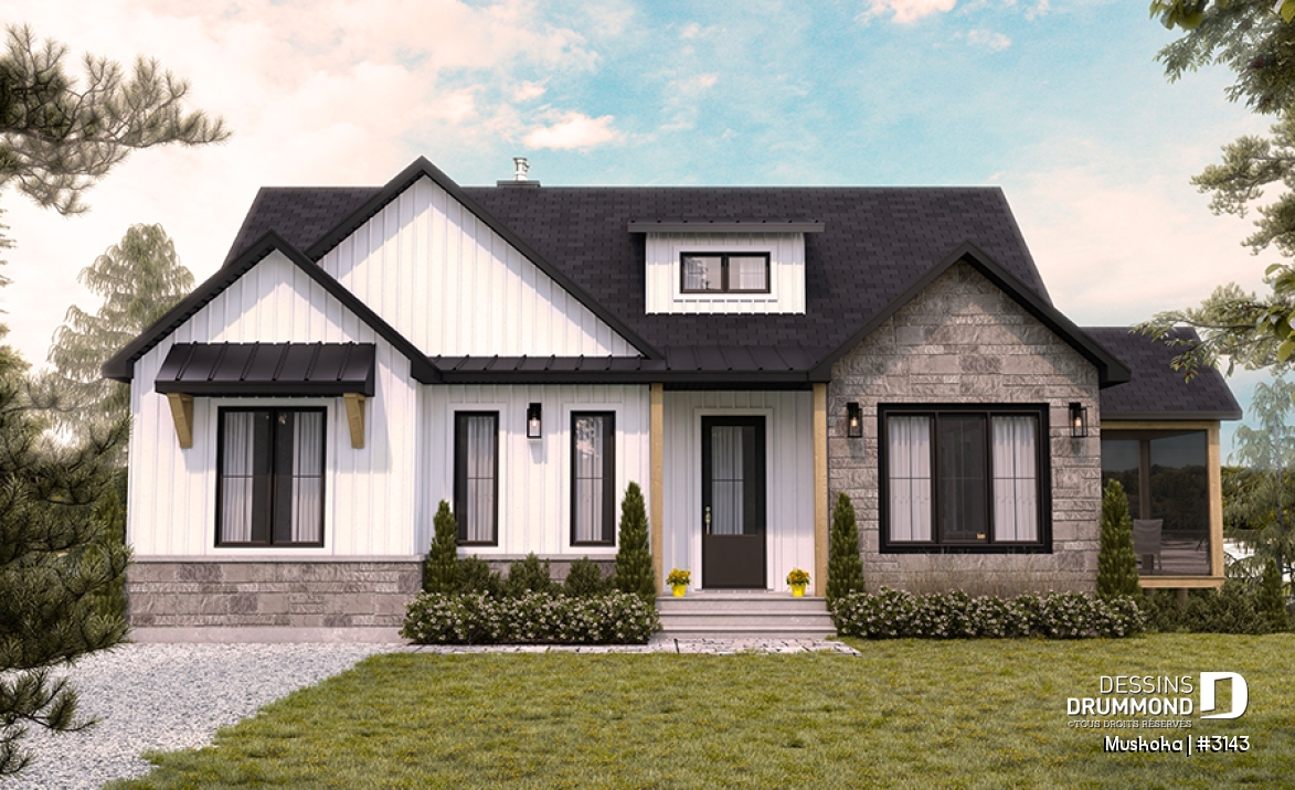 Vue avant - MODÈLE DE BASE - Plain-pied Farmhouse 1 à 4 chambres, bureau, cuisine avec garde-manger, finition sous-sol optionnelle ($) - Muskoka
