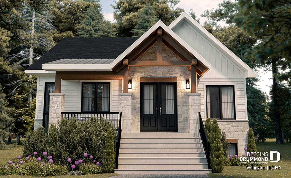 Vue avant - MODÈLE DE BASE - Plan de maison plain-pied champêtre avec 2 à 4 chambres et 2 salons, conçu pour les grandes familles - Wellington