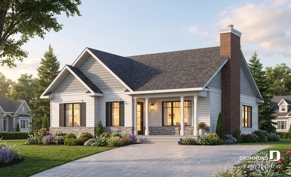 Vue avant - MODÈLE DE BASE - Plan de plain-pied 2 chambres, aire ouverte, foyer au séjour et grand îlot à la cuisine - Bradley 2