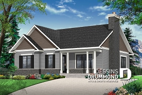 Vue avant - MODÈLE DE BASE - Plan de plain-pied 2 chambres, aire ouverte, foyer au séjour et grand îlot à la cuisine - Bradley 2