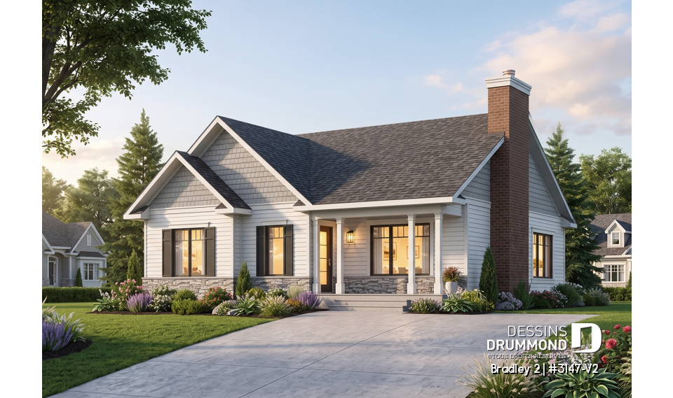 Vue avant - MODÈLE DE BASE - Plan de plain-pied 2 chambres, aire ouverte, foyer au séjour et grand îlot à la cuisine - Bradley 2