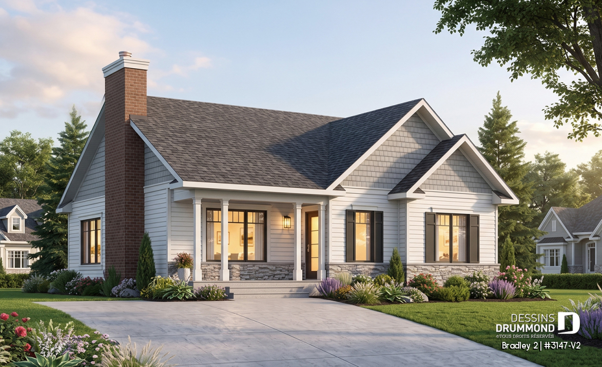 Vue avant - MODÈLE DE BASE - Plan de plain-pied 2 chambres, aire ouverte, foyer au séjour et grand îlot à la cuisine - Bradley 2