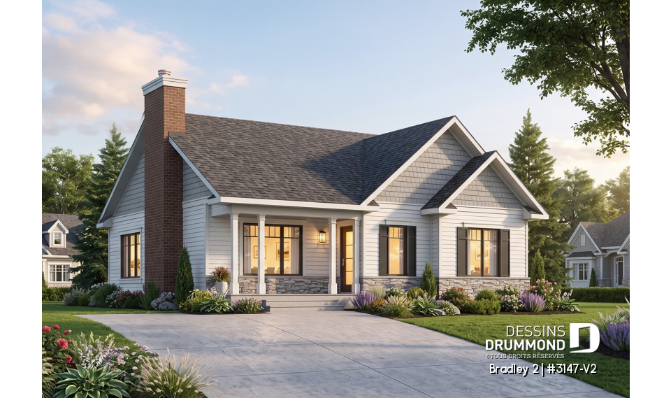 Vue avant - MODÈLE DE BASE - Plan de plain-pied 2 chambres, aire ouverte, foyer au séjour et grand îlot à la cuisine - Bradley 2