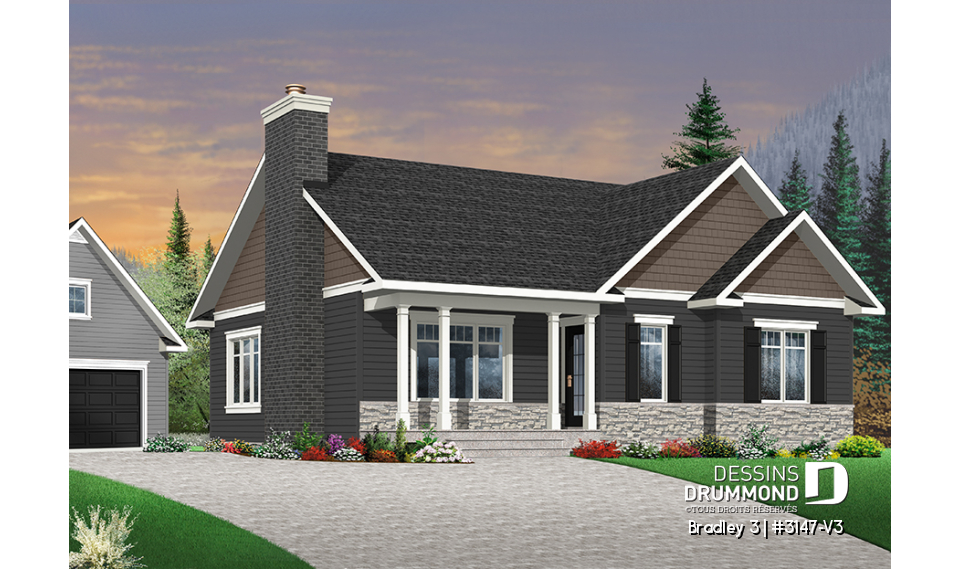 Version couleur no. 8 - Vue avant - Plan de plain-pied 3 chambres au même plancher, cuisine avec grand îlot centrale, foyer, buanderie au 1er - Bradley 3