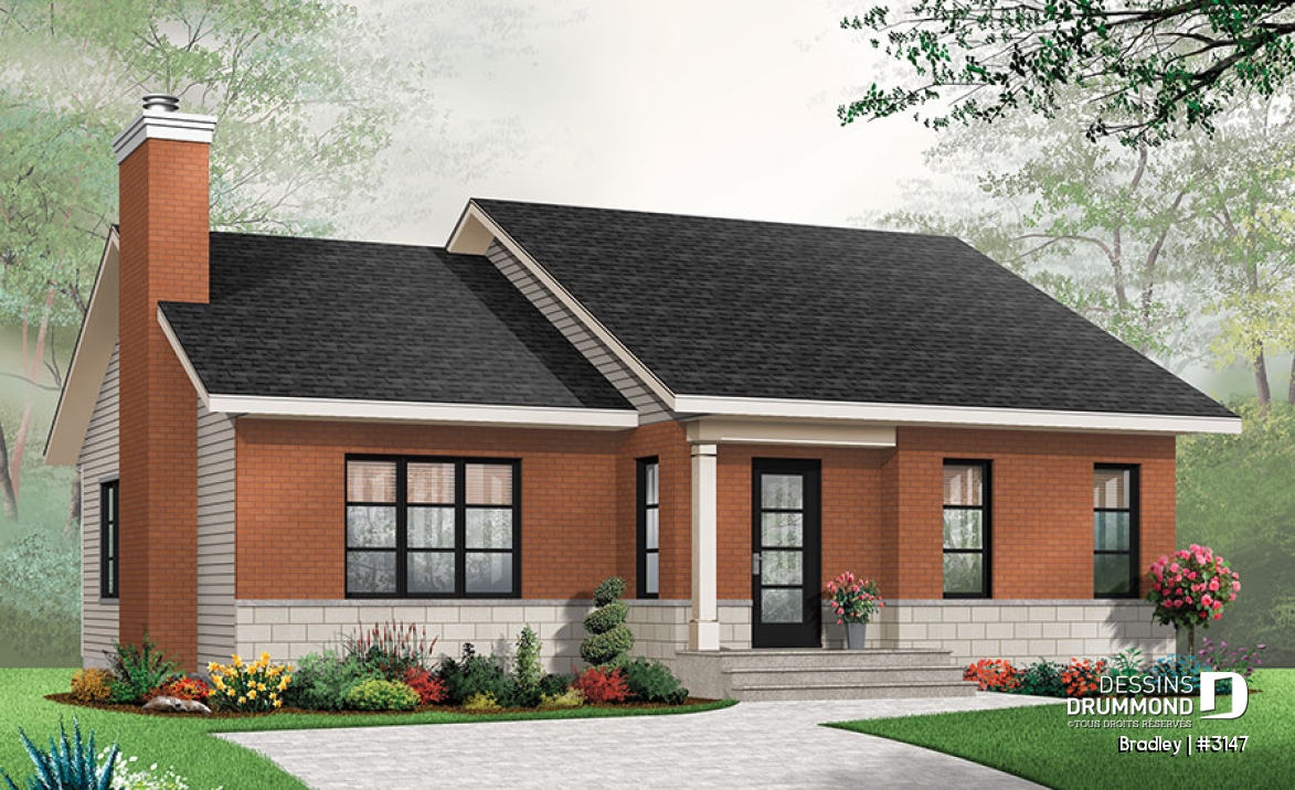 Vue avant - MODÈLE DE BASE - Plan de maison moderne, 2 chambres, walk-in chambre des maîtres, foyer, îlot, aire ouverte, vestibule fermé - Bradley