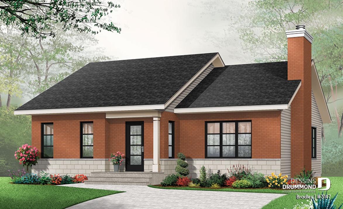 Vue avant - MODÈLE DE BASE - Plan de maison moderne, 2 chambres, walk-in chambre des maîtres, foyer, îlot, aire ouverte, vestibule fermé - Bradley