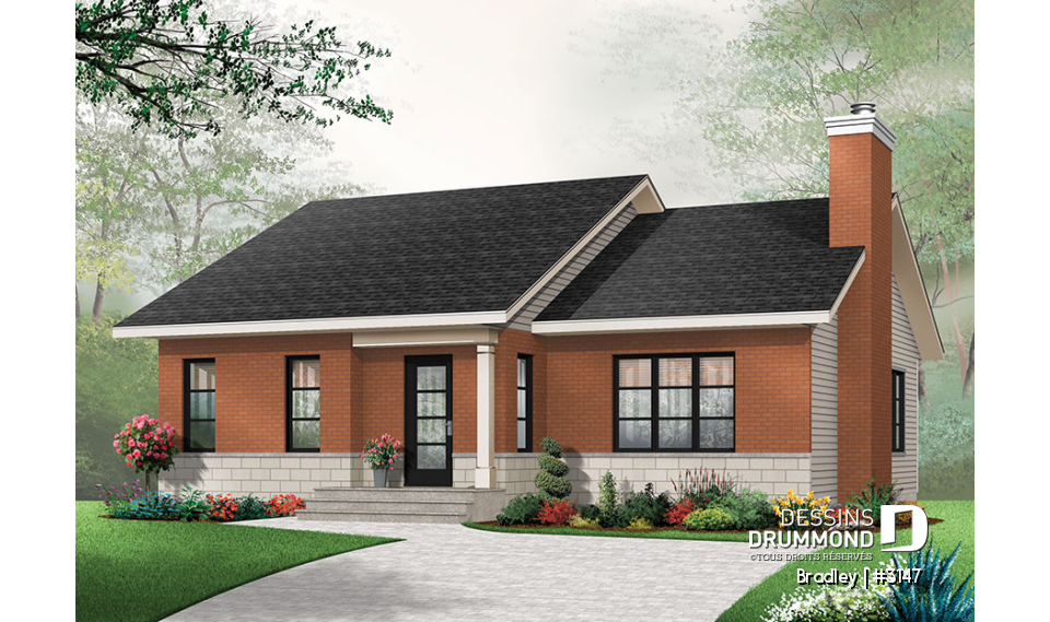 Vue avant - MODÈLE DE BASE - Plan de maison moderne, 2 chambres, walk-in chambre des maîtres, foyer, îlot, aire ouverte, vestibule fermé - Bradley