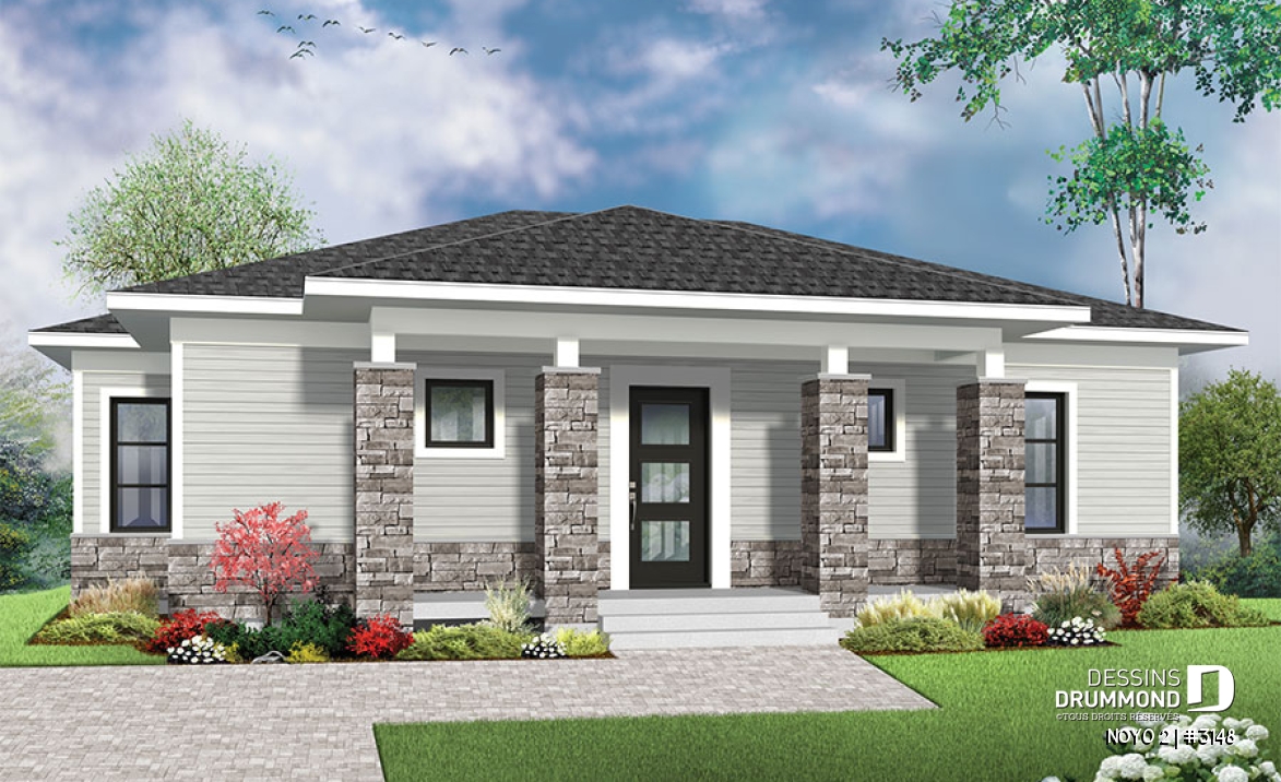 Vue avant - MODÈLE DE BASE - Plain-pied contemporain économique à aire aire ouverte - NOYO 2