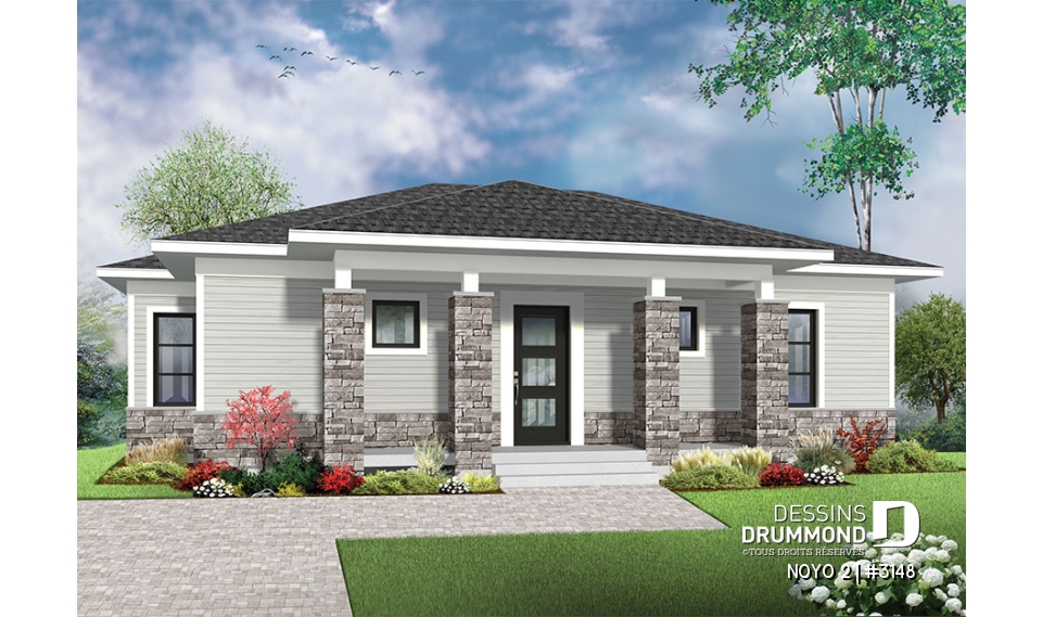 Vue avant - MODÈLE DE BASE - Plain-pied contemporain économique à aire aire ouverte - NOYO 2
