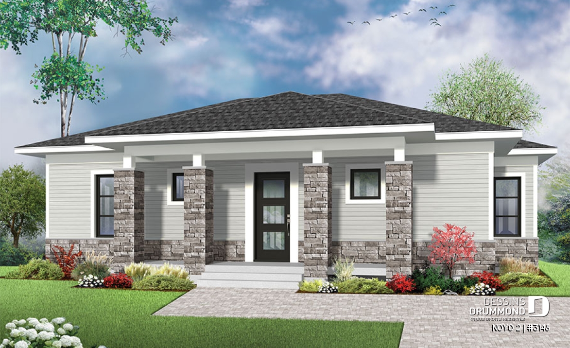 Vue avant - MODÈLE DE BASE - Plain-pied contemporain économique à aire aire ouverte - NOYO 2