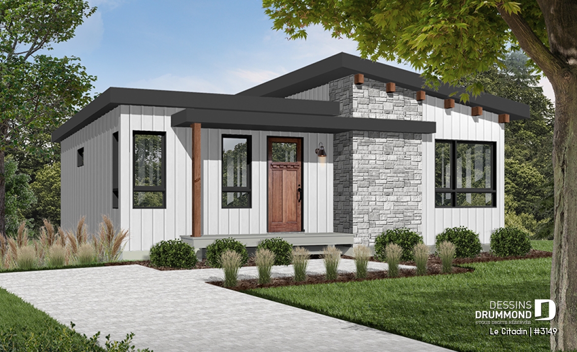 Version couleur no. 1 - Vue avant - Plan de maison moderne, 2 à 4 chambres, 2 salles familiales, garde manger, îlot, sous-sol  aménagé inclus - Le Citadin