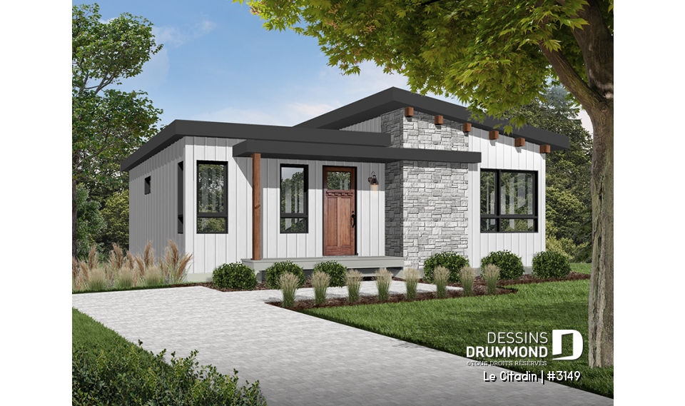 Version couleur no. 1 - Vue avant - Plan de maison moderne, 2 à 4 chambres, 2 salles familiales, garde manger, îlot, sous-sol  aménagé inclus - Le Citadin