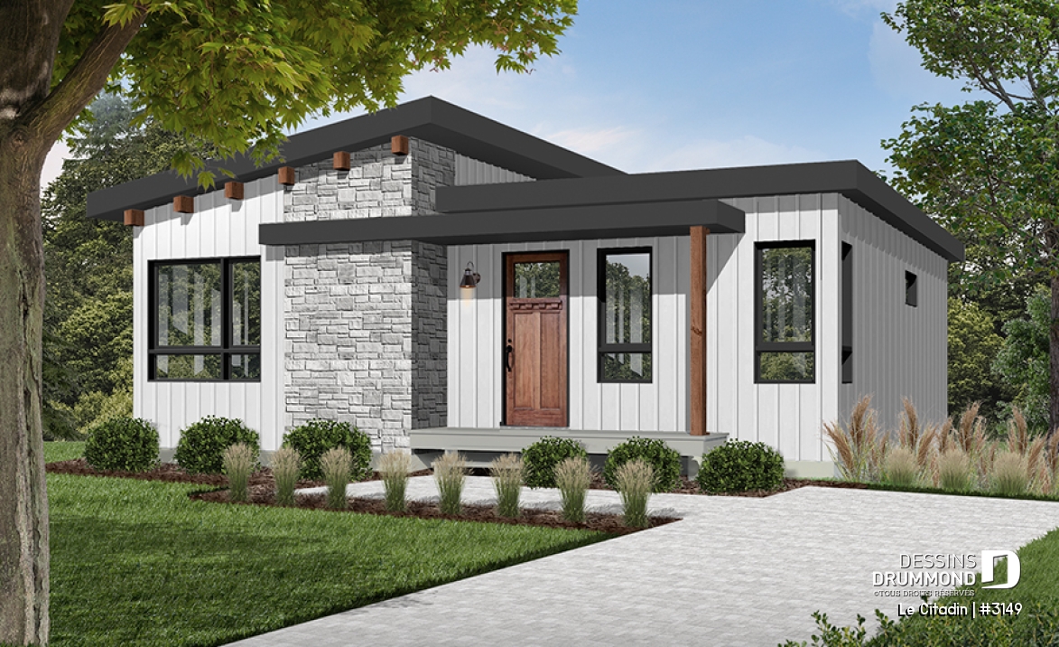 Version couleur no. 1 - Vue avant - Plan de maison moderne, 2 à 4 chambres, 2 salles familiales, garde manger, îlot, sous-sol  aménagé inclus - Le Citadin
