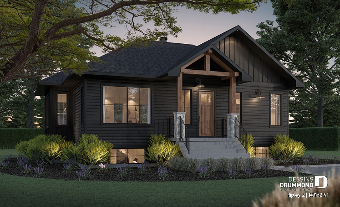 Vue avant - MODÈLE DE BASE - Plan de maison de plain-pied avec sous-sol aménagé optionnel ($), 1 à 4 chambres, superbe chambre des parents - Ripley 2