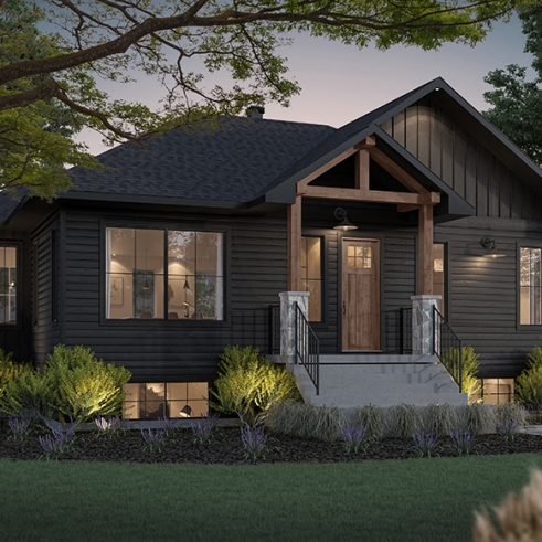 Vue avant - MODÈLE DE BASE - Plan de maison de plain-pied avec sous-sol aménagé optionnel ($), 1 à 4 chambres, superbe chambre des parents - Ripley 2