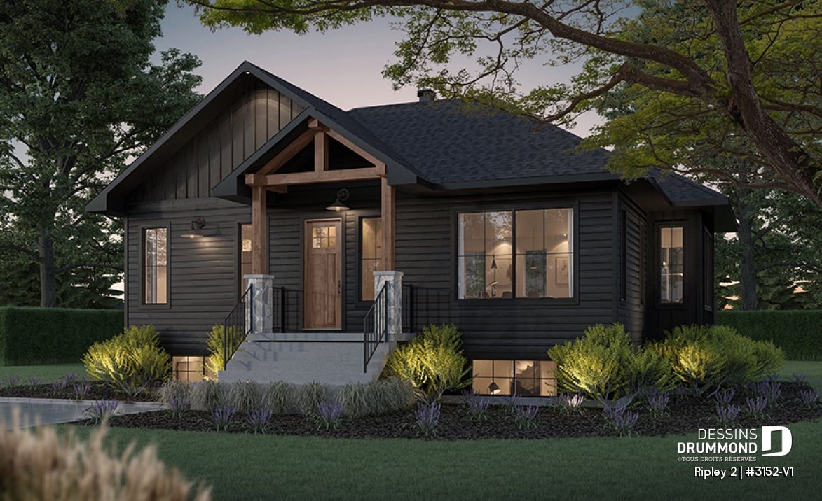 Vue avant - MODÈLE DE BASE - Plan de maison de plain-pied avec sous-sol aménagé optionnel ($), 1 à 4 chambres, superbe chambre des parents - Ripley 2