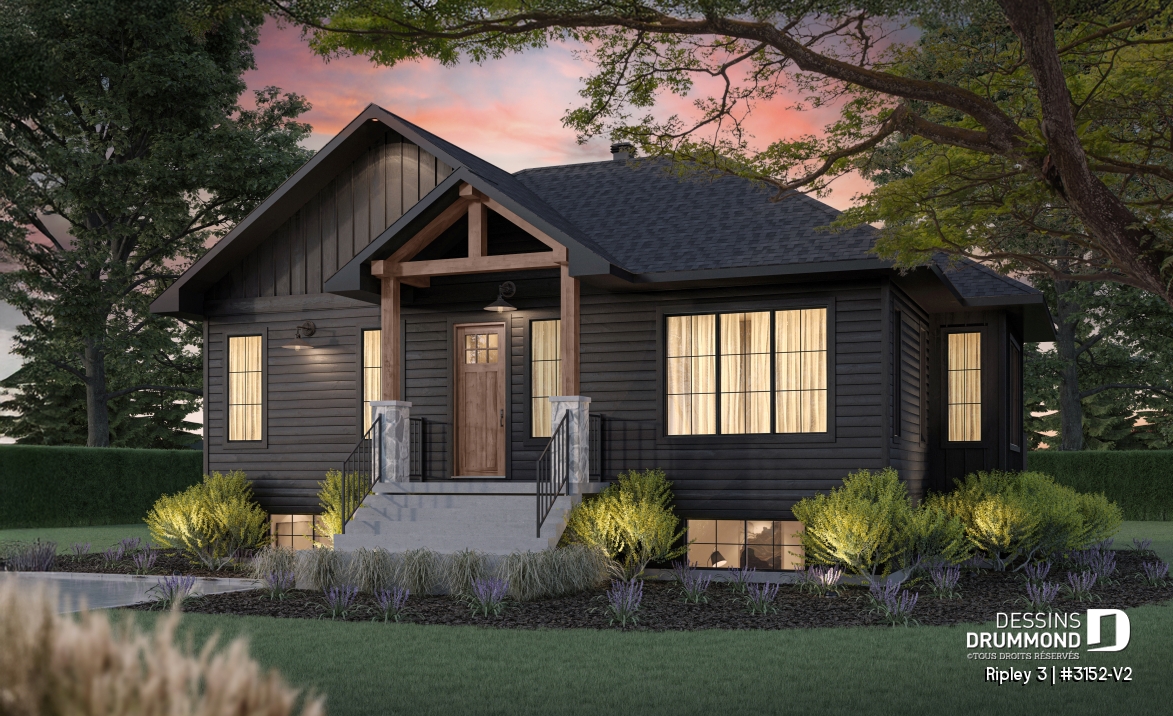 Vue avant - MODÈLE DE BASE - Plan de maison plain-pied Farmhouse, chambre parents au rez-de-chaussée, s-sol aménagé optionnel ($) - Ripley 3