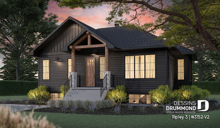 Vue avant - MODÈLE DE BASE - Plan de maison plain-pied Farmhouse, chambre parents au rez-de-chaussée, s-sol aménagé optionnel ($) - Ripley 3