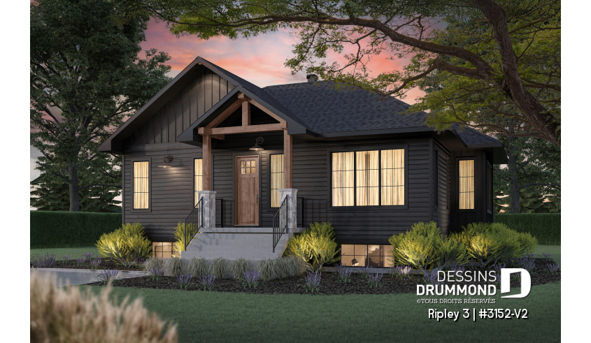 Vue avant - MODÈLE DE BASE du plan de maison unifamiliale 3152-V2 Vue avant - MODÈLE DE BASE - Plan de maison plain-pied Farmhouse, chambre parents au rez-de-chaussée, s-sol aménagé optionnel ($) - Ripley 3