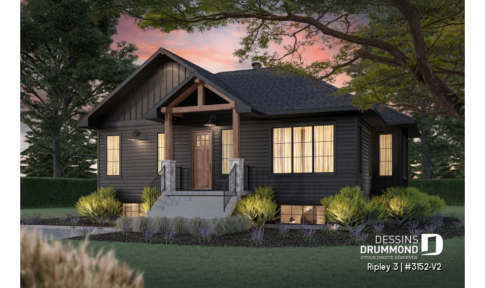 Vue avant - MODÈLE DE BASE - Plan de maison plain-pied Farmhouse, chambre parents au rez-de-chaussée, s-sol aménagé optionnel ($) - Ripley 3