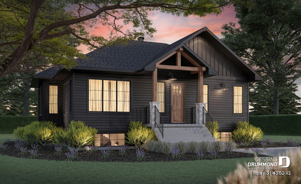Vue avant - MODÈLE DE BASE - Plan de maison plain-pied Farmhouse, chambre parents au rez-de-chaussée, s-sol aménagé optionnel ($) - Ripley 3