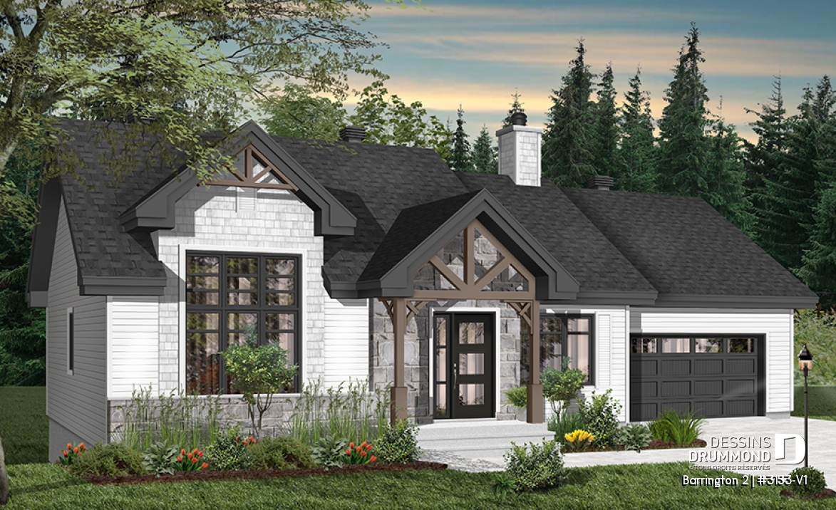 Version couleur no. 6 - Vue avant - Plan de maison plain-pied avec grand garage simple, 2 chambres, aire ouverte, vestibule, foyer et cathédrale - Barrington 2