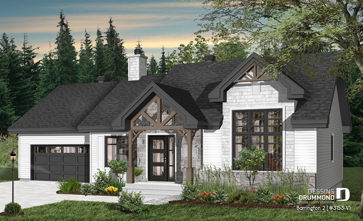 Version couleur no. 6 - Vue avant - Plan de maison plain-pied avec grand garage simple, 2 chambres, aire ouverte, vestibule, foyer et cathédrale - Barrington 2